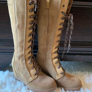 Knee high suede lace hidden wedge Sorel boots